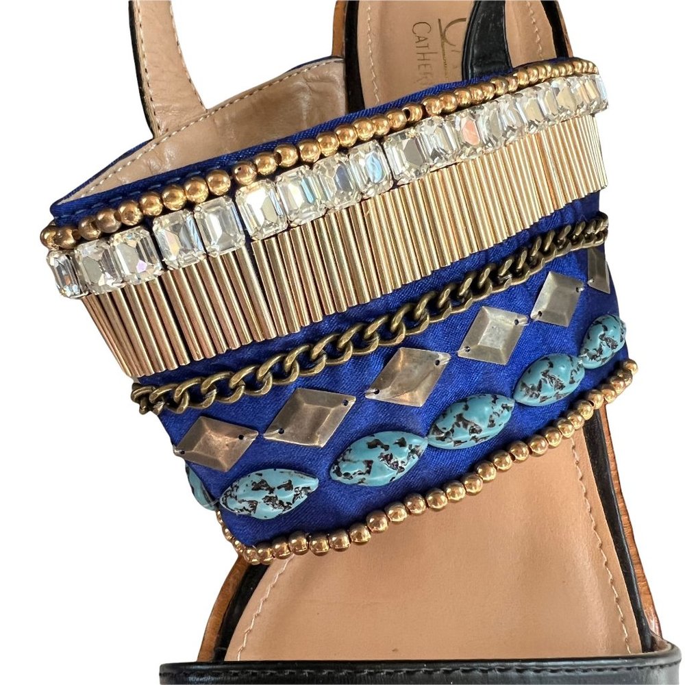 Catherine Malandrino Yance Black Stacked Heel Sandal Rhinestone Faux Tur… - Picture 4 of 12
